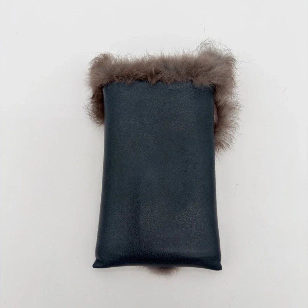 Navy‎ Leather Edelweiss Fur Trim Pouch Phone Case Glasses Sleeve Navy Blue